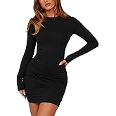 BTFBM Womens Spring Fashion 2026 Long Sleeve Boat Neck Mini Dress Slim Fit Party Club Short Tight Basic Bodycon Dresses