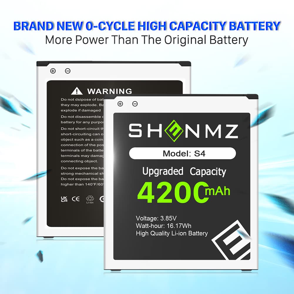 SHENMZ Galaxy S4 Battery,Upgraded 4200mAh Li-ion Replacement Battery for Samsung Galaxy S4 EB-B600BE,AT&T I337,Verizon I545,Sprint L720,T-Mobile M919,R970,I9500,I9505,LTE I9506