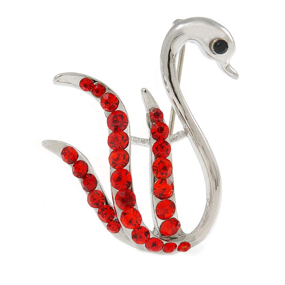 Red Crystal Swan Brooch (Silver Tone)