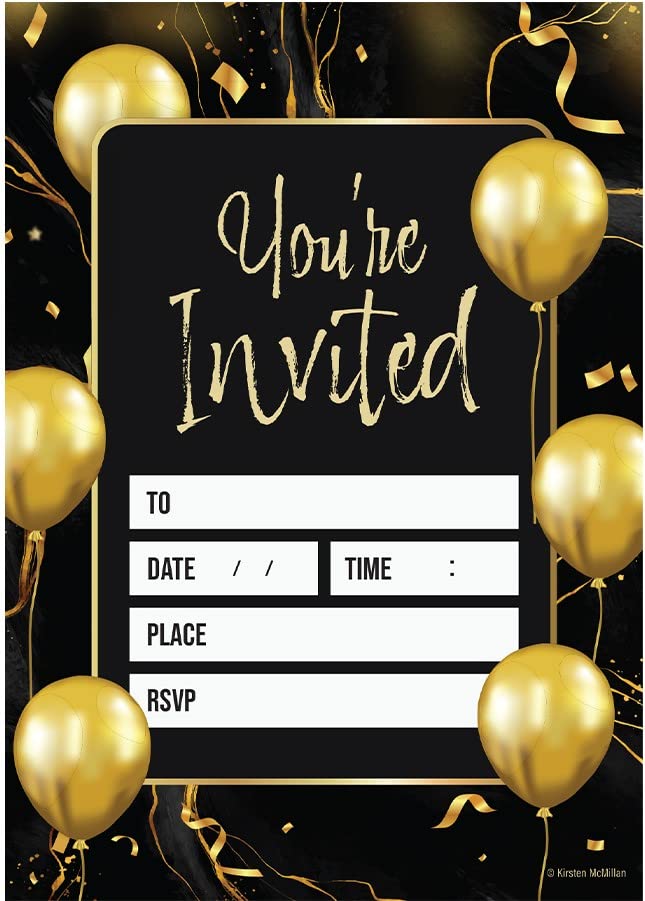 Kirsten McMillan 32 Black & Gold Balloon Birthday Invitations - A6 Birthday Party Invitations Cards for Adults with Envelopes – Invites Designed and Printed in the UK