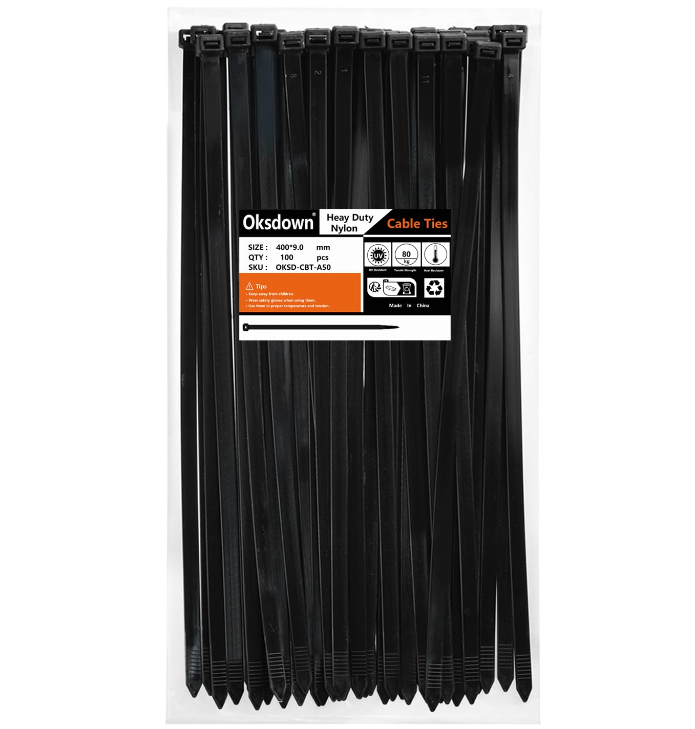 Oksdown 100 Pack Black Thick Cable Ties Heavy Duty Large 400mm×9.0mm Strong Nylon Plastic Self Locking 16 inch/40 cm Extra Long Zip Tie Wraps