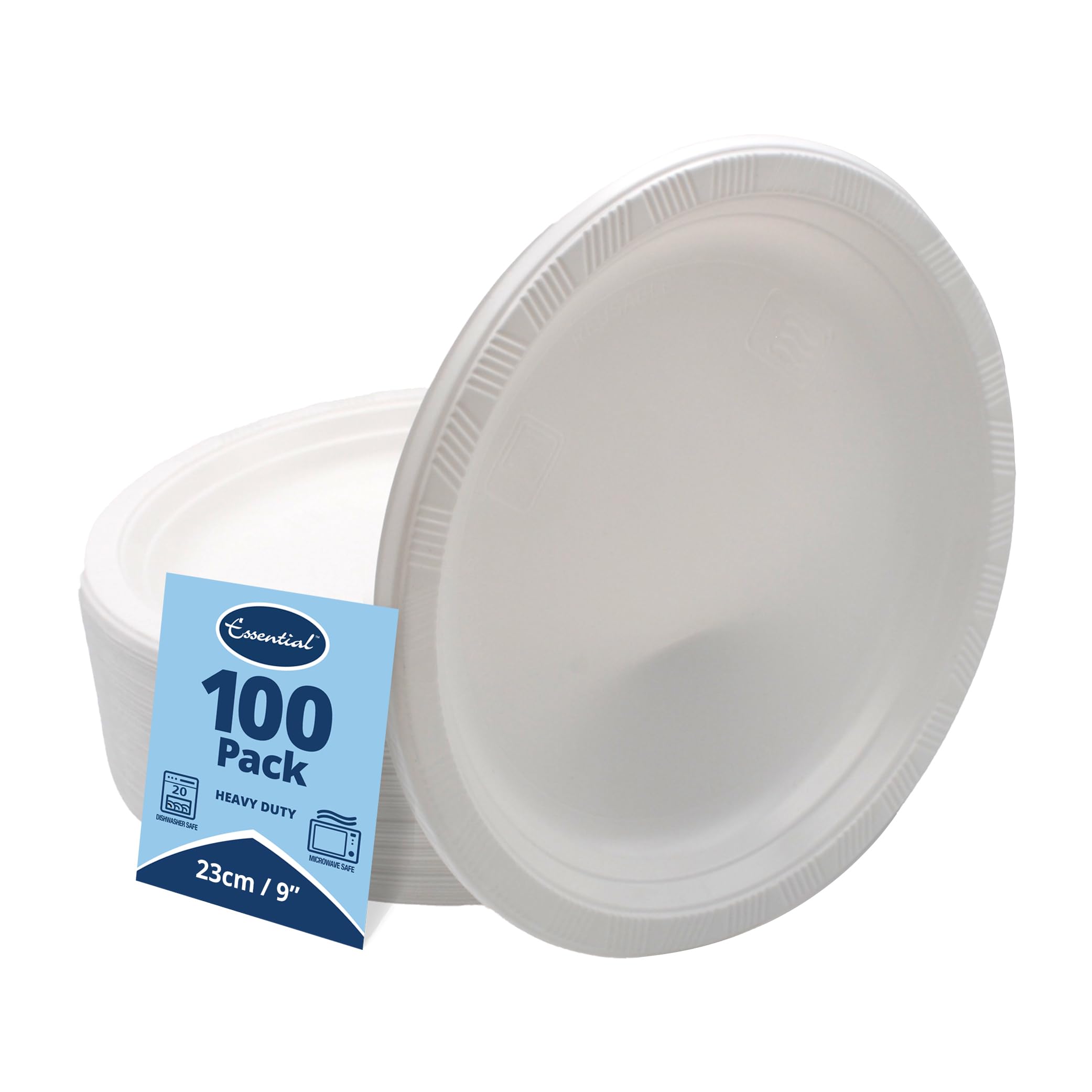 Essential Housewares | 100 White Plastic Plates | 9inch | 23cm | Heavy Duty