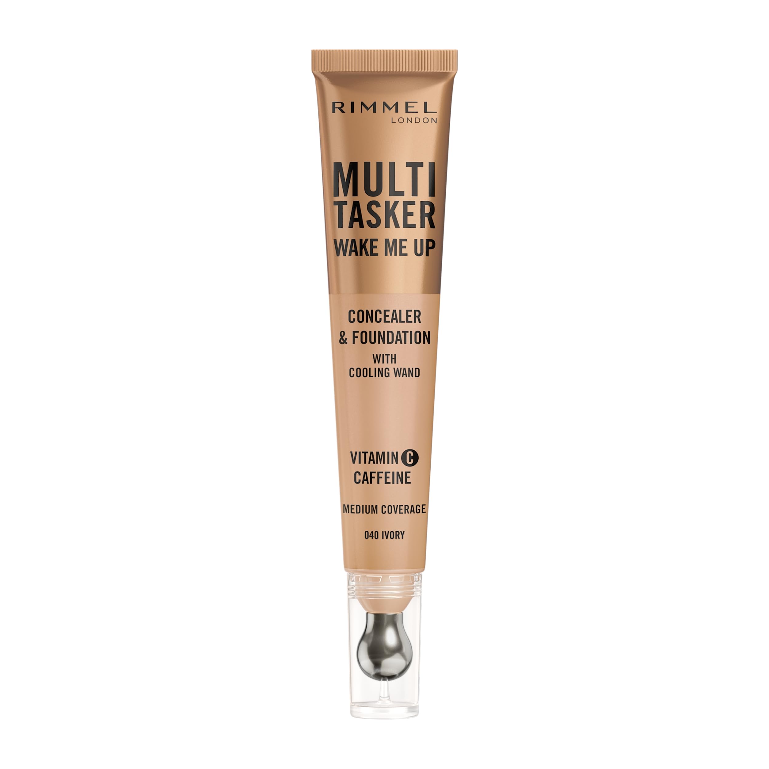 Rimmel Multi-Tasker Wake Me Up Foundation & Concealer 040 Ivory, Depuffs & Brightens Dark Circles, Metallic Cooling Applicator, Caffeine & Victamin C, 2% Niacinamide, Vegan, Cruelty free