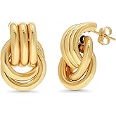 14K Yellow Gold Chunky Knot Link Hoop Stud Drop Earrings