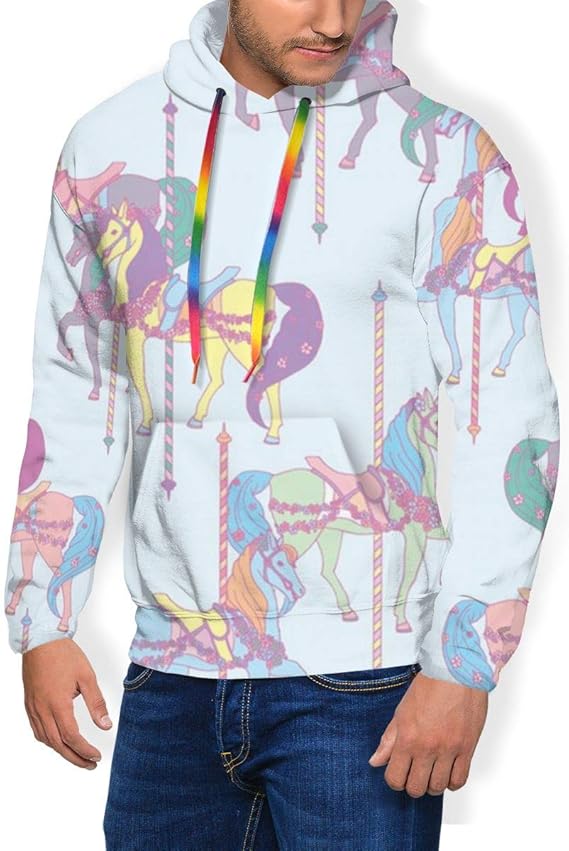 Men's Graphic Print Hoodie Carousel Blue Faux Fur Lining Sweatshirts Pullover: Amazon.co.uk 