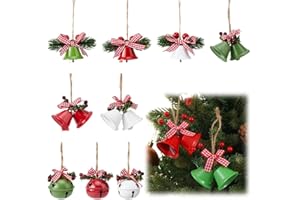 SUPERFINDINGS 9Pcs 9 Styles Christmas Bell Ornaments Iron Jingle Bells with Plastic Leaf Polyester Bowknot Hanging Bell Decoration for Christmas Tree Party Favors Supplies