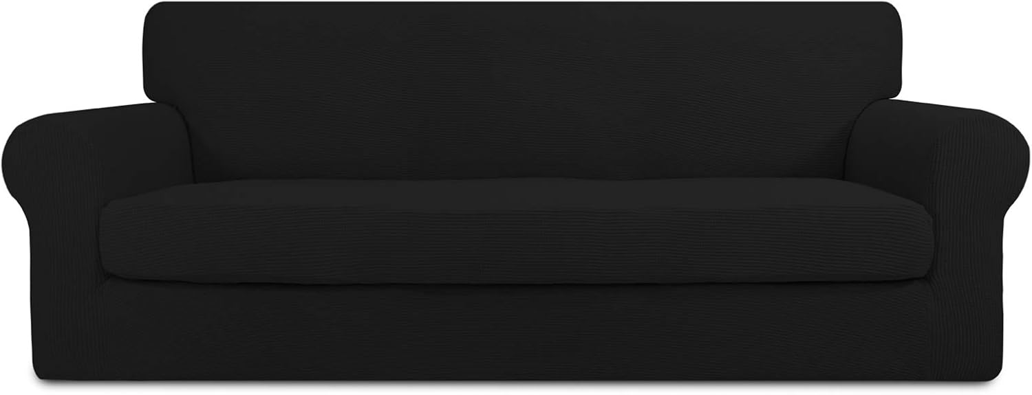 PureFit 2 Pieces Stretch Slipcover for 3 Cushion Couch – Spandex Non-Slip Soft Fitted Sofa Couch Cover, Washable Furniture Protector with Non-Skid Elastic Bottom for Kids (Oversized Sofa, Black)