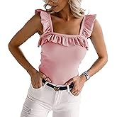 Womens Cute Sleeveless Tank Tops Ruffle Strap Square Neck Blouse Solid Color Knitted Camisole