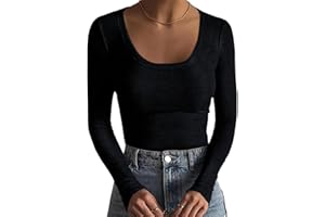 Basicspace Women's Scoop Neck Long Sleeve Stretch Slim Fitted Casual Shirts Ribbed Basic T Shirts