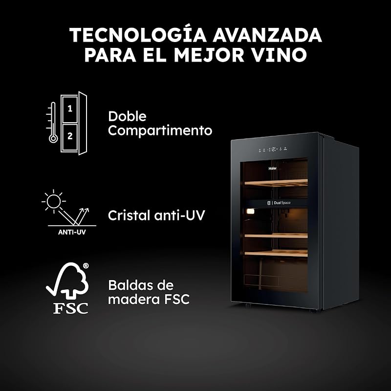 Wine Bank 50 Series 5 HWS32GDG Vinoteca de 32 Botellas, 2 Zonas Independientes, Estantes de Madera, Filtro Anti-UV, Sistema Antivibración, Display Digital, Iluminación LED, 37 dbA, Negra