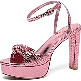 Amoji Women's Block Heels 4 Inch Platform Braid Knot Ankle Strap Lady Heeled Sandals FZ319