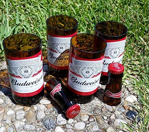 Set of 4 upcycled Budweiser glasses and 2 shot glasses