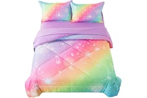 ADASMILE A & S 5Pieces Rainbow Bedding for Girls Rainbow Comforter Twin Kids Bed in A Bag Pastel Bed Set with Sheets Pink Pri
