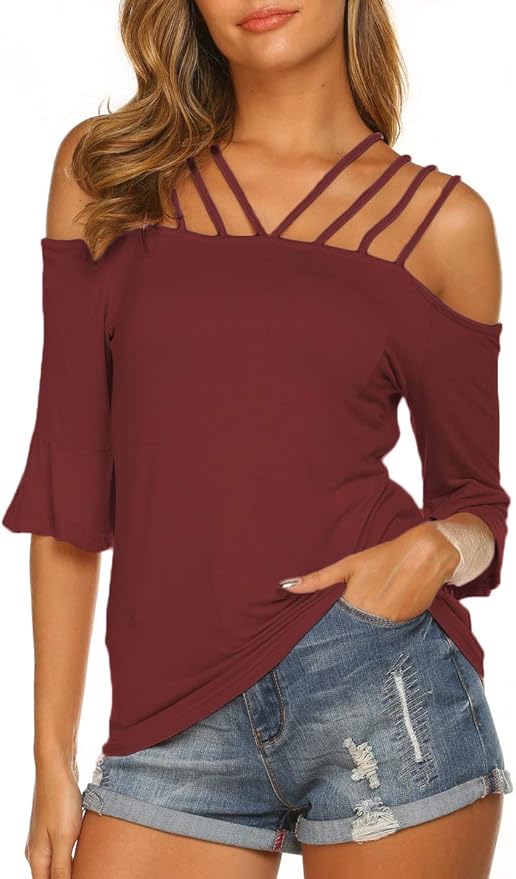 Newchoice Women's Casual Off The Shoulder Tops Straps Ruffle Sleeve Blouse Shirts at Amazon
