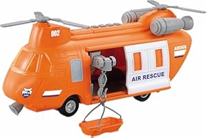 Vokodo Firefighter Helicopter 11" with Lights & Sounds Tandem Rotor Firetruck Push and Go Aircraft Carrier with Rescue Basket Toy Kids Fire Truck Transport Copter Pretend Play Toys Ages 3 4 5 6 Boys