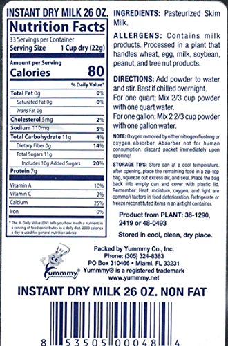 Yummmy Instant Dry Milk 26 oz (makes 2 Gallons), Kosher certified, Halal certified, Product of USA