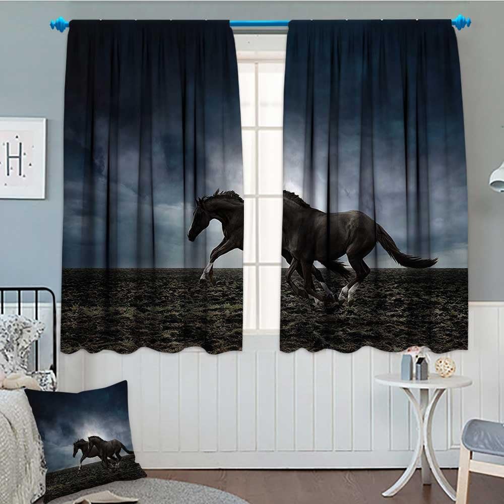 SeptSonne Horses Animal Window Curtain Drape Couple Horses Running on The Plowed Field in Stormy Dark Weather Sky Equestrian Concept Decorative Curtains for Living Room 52"x63" FabricBlue Grey Black