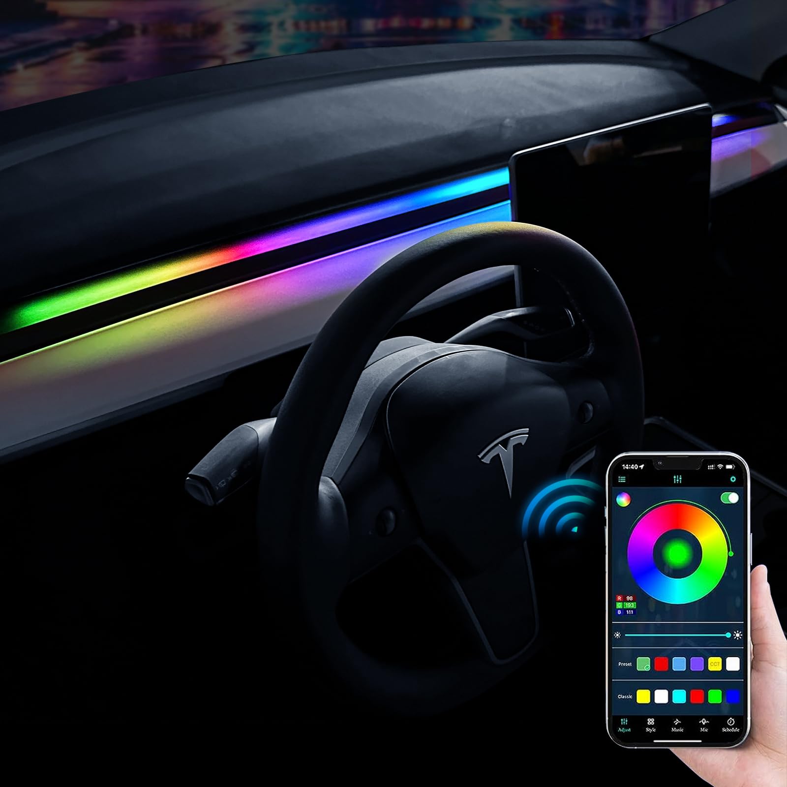 Photo 1 of Uxcer 2021-2024 2025 Tesla Model 3/Y Interior Neon Lights for Dashboard, RGBIC Color Changing LED Strip Lights with App Control, USB Tesla Ambient Lighting Accessories(Not Fit for 2024 Model 3)