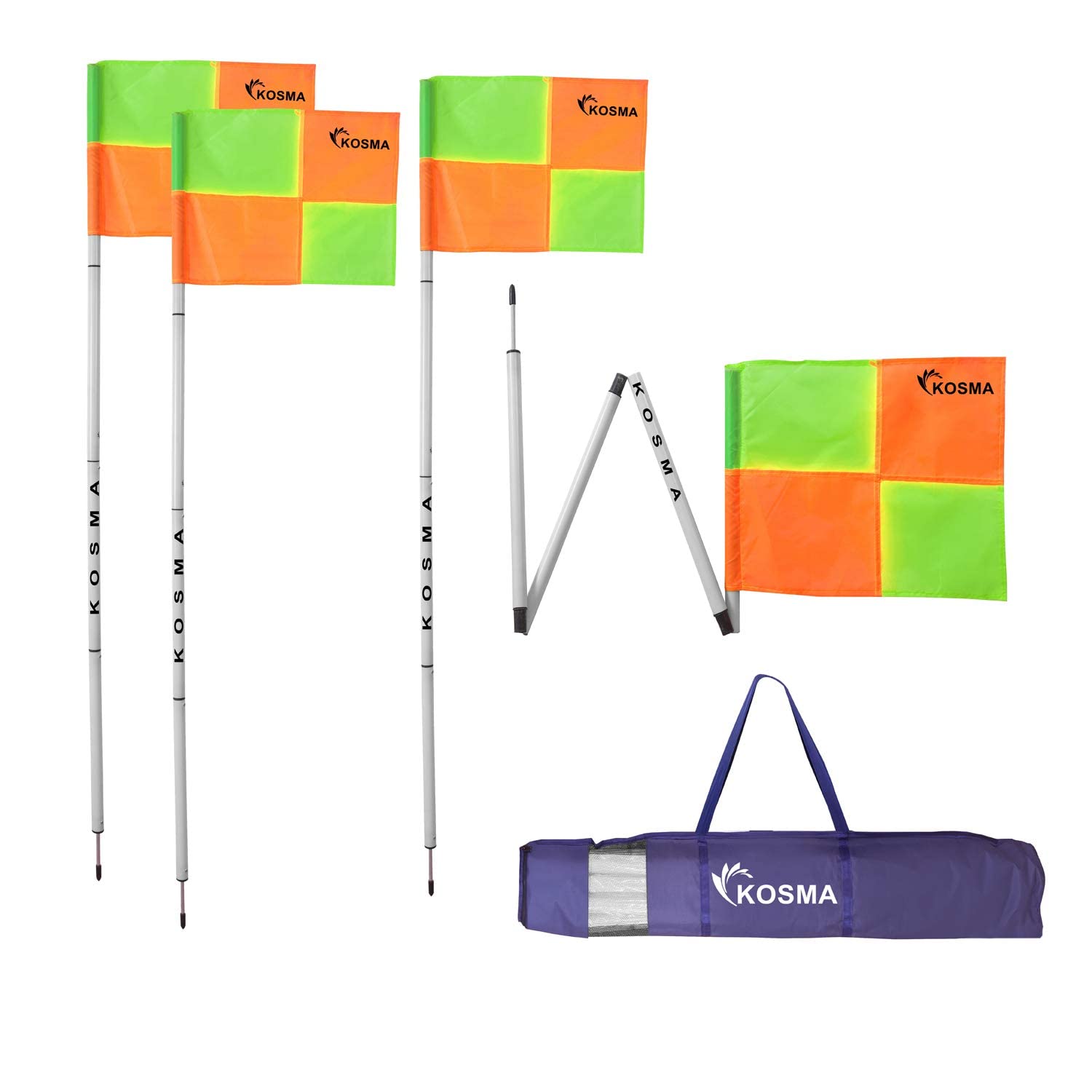 Kosma Set of 4PC Collapsible Corner Flag | Foldable Football Training Corner Flag Pole Size: 5 Ft x 25mm - White pole with Metal Spike & Yellow/Orange Quadrant Pattern Flags - in carry bag