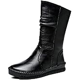 Women's Leather Side Zipper Flat Heel Soft Sole Mid-Calf Boot Wide Round Toe Fur Lined Warm Winter Boots Casual Fashion Non-Slip Flat Boots