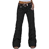 Flamingals Straight Leg Pants for Women Mid Rise Casual Cargo Solid Patch Pockets Stitch Detail Pants