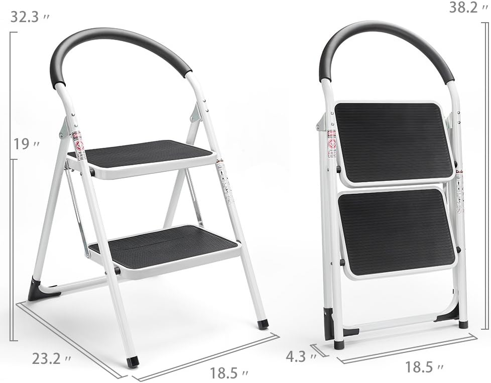 Delxo 2 Step Stool Folding Step Stool Steel Stepladders with Handgrip Anti-Slip Sturdy and Wide Pedal Steel Ladder Hold Up to 330lbs White and Black Combo 2-Feet - - 