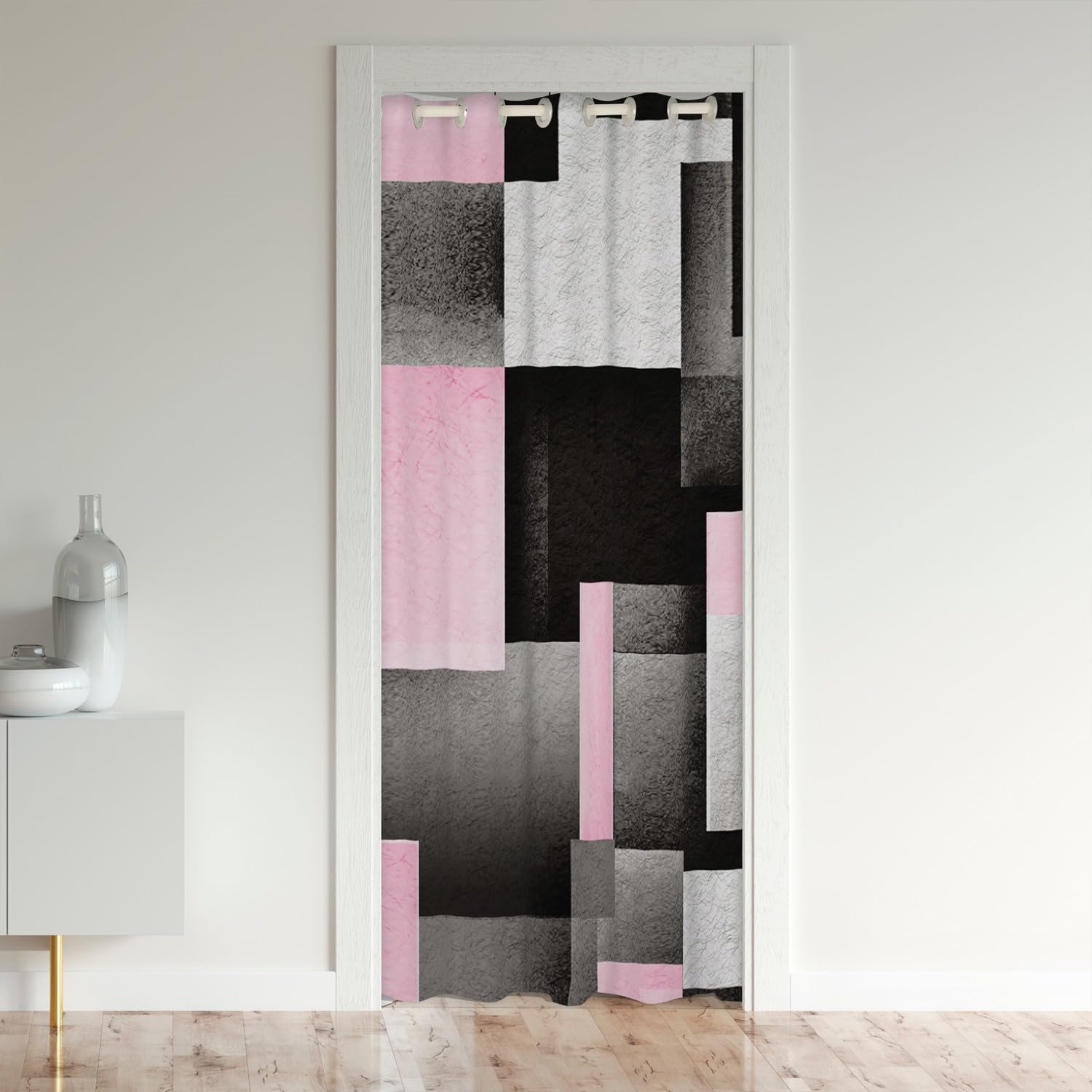 Loussiesd Geometric Door Curtain for Doorway Privacy 132x203cm 1 Panel Pink Grey Black Buffalo Check 30%-50% Room Darkening Blackout Curtain Modern Abstract Closet Door Cover Curtain Stripe Line