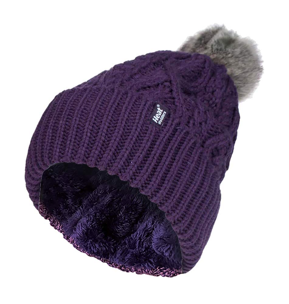HEAT HOLDERS - Ladies Chunky Ribbed Cuffed Thermal Winter Pom Pom Bobble Beanie Hat with Fleece Lining (One Size, Purple (Solna))