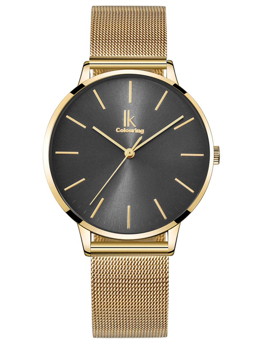 Alienwork Women's Watch Gold Metal Mesh Strap Gray Ultra-Thin