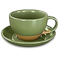 Mora Ceramic Latte Art Mug With Saucer - 10.5 oz, Round Bottom For Perfect Pours - Cafe Cups for Cappuccino, Espresso, Coffee, Tea etc - Porcelain Set for Baristas, Great Gift - Moss Green
