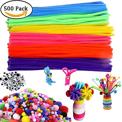 Pipe Cleaners Craft Set Meiso 500 Pcs Craft Supplies Including 100 Pcs Chenille Stems with 250 Pcs Pom Poms Craft and 150 Pcs Wiggle Googly Eyes Self Adhesive Assorted Colors Sizes for DIY Art Craft - Thumbnail 7