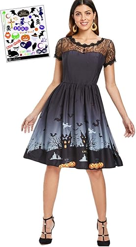 Amazon Co Jp Madrugada ハロウィン ワンピース レース ドレス ハロウィンナイト柄 コスチューム ハロウィン タトゥーシール付き 2点セット レディース S695 グレー L ホビー