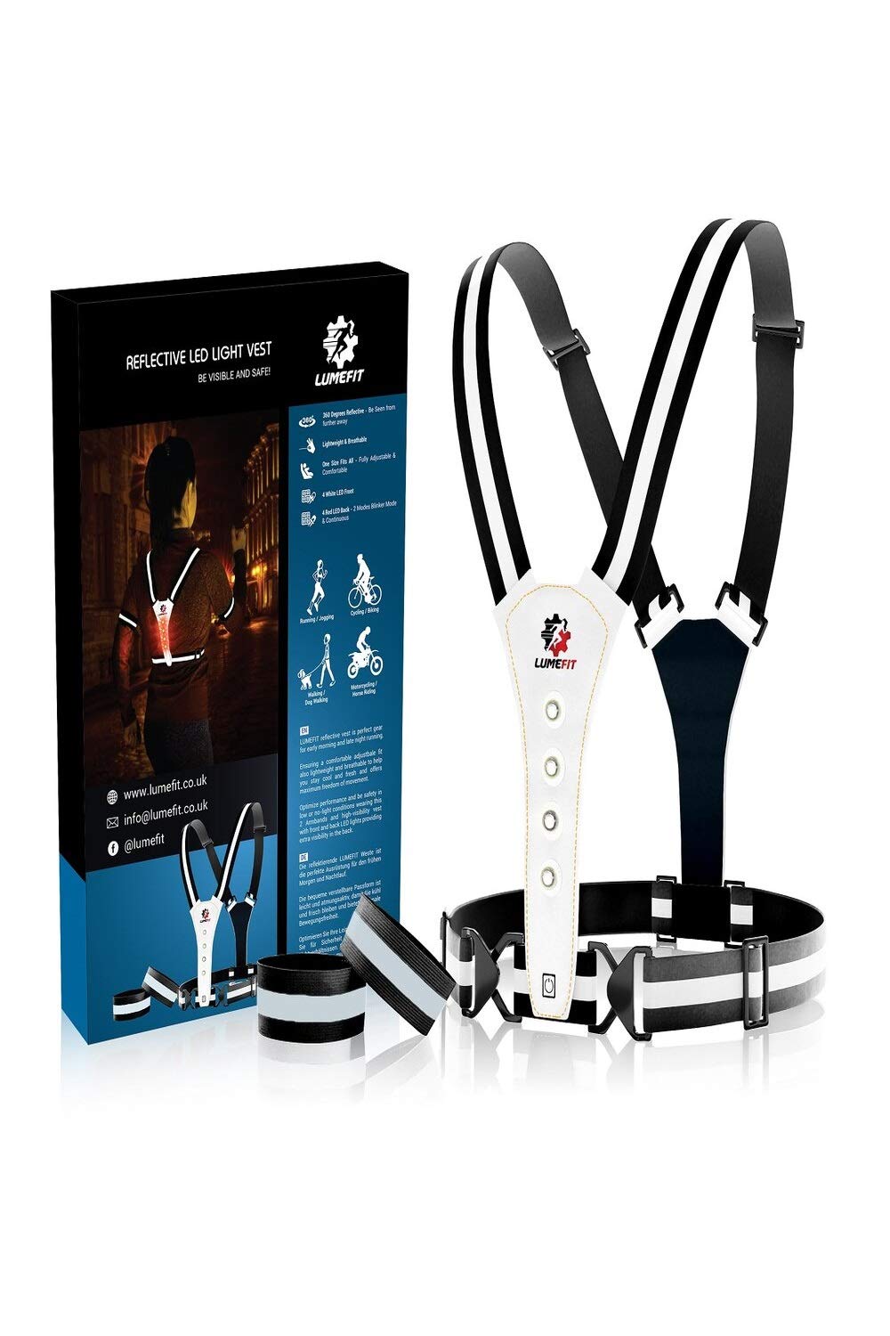 LUMEFIT Running Reflective Vest, High Visibility Vests with Armbands, High Vis Tank Top for Kids Women Men, Adjustable Safety Gear Harness, 8 LED Chest Running Lights for Night Cycling Walking Jogging