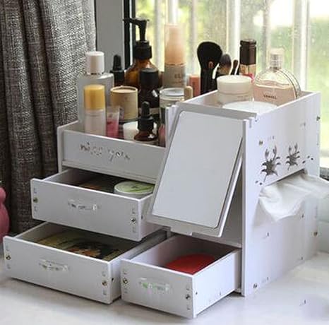 Amazon Co Jp 薩牧徳机上diy组み立てるコスメボックス創意引き出し式収納ボックス物入れラックメイクボックス鏡付き ホワイト ホーム キッチン