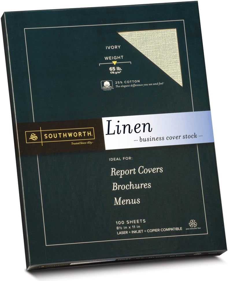 Southworth 25% Cotton Linen Coverstock, 8.5 x 11 inches, Ivory, 65 lb, 100 Sheets (Z560CK) : Writing Paper : Office Products