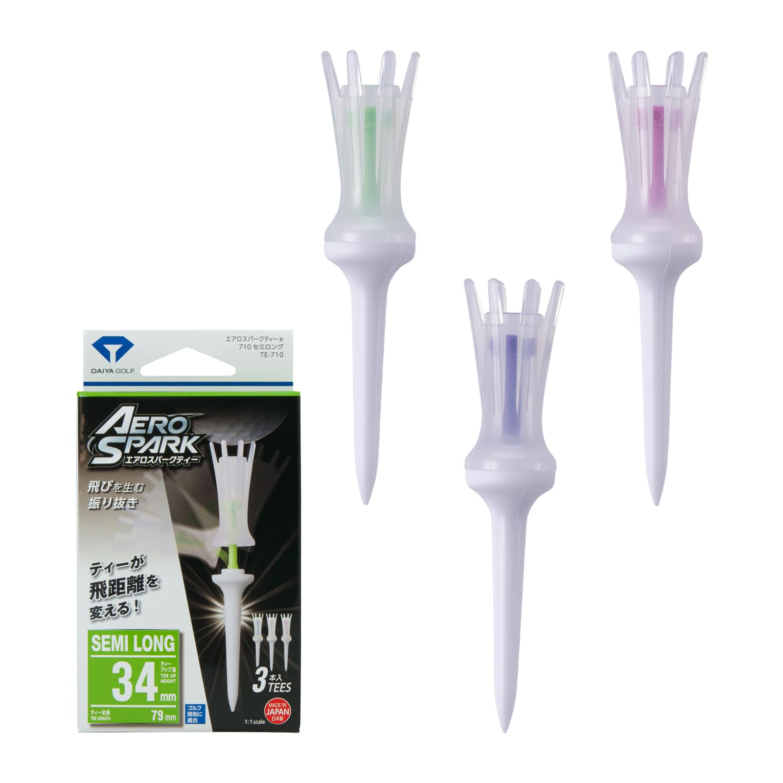 ダイヤゴルフ(DAIYA GOLF) エアロスパークティー セミロング 3本入 首振り機能で飛距離アップ ティーアップ高34mm ゴルフ規則適合 ゴルフティー 機能ティー クリア 日本製 TE-710商品画像