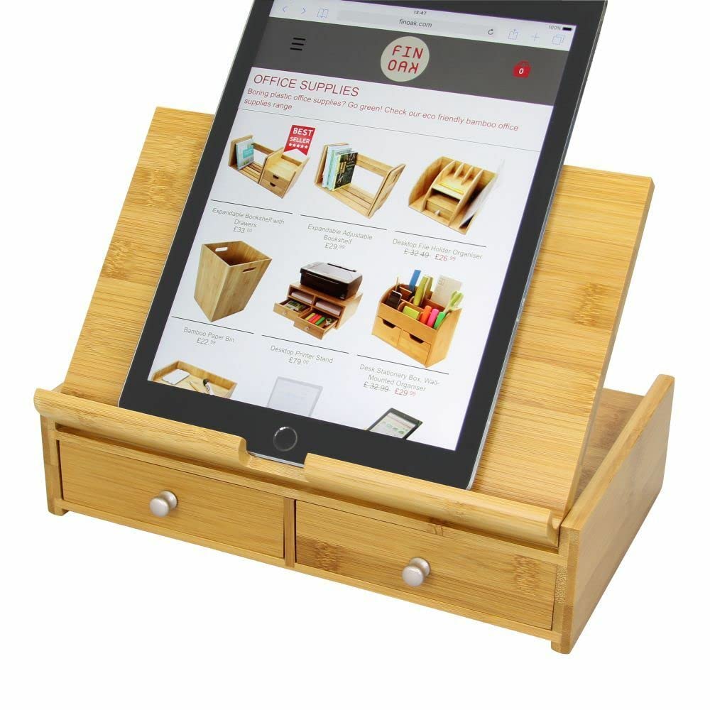 Woodquail Desktop Adjustable Tablet Stand, Stationery Tidy Organiser, Holder Compatible with iPad Pro, Galaxy Tab S8 A8, iPhones Pro Max, Made of Natural Bamboo