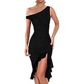 BORIFLORS Women's Sexy Off The Shoulder Bodycon Midi Dresses Elegant Ruched Ruffle Hem Cocktail Party Dress