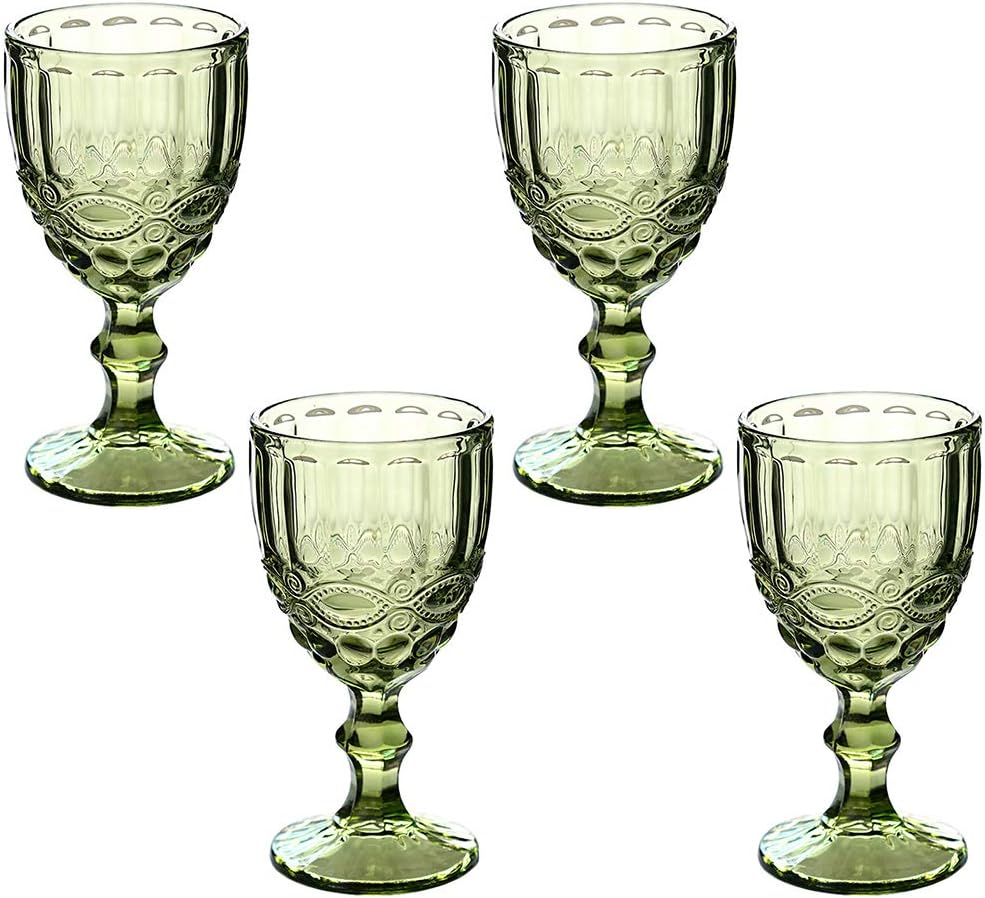 Nerien Wine Goblet Glass Cup 10.1 Ounce Set of 4 Crystal Style Flower Pattern Reusable Goblets for Drink (Green)
