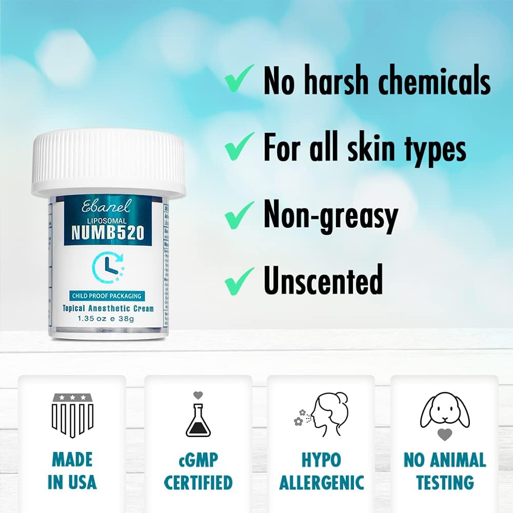 Ebanel 5% Lidocaine Topical Numbing Cream Maximum Strength 1.35 Oz, Numb 520 Pain Relief Cream Anesthetic Cream Infused with Aloe Vera, Vitamin E, Lecithin, Allantoin, Secured with Child Resistant Cap: Health & Personal Care