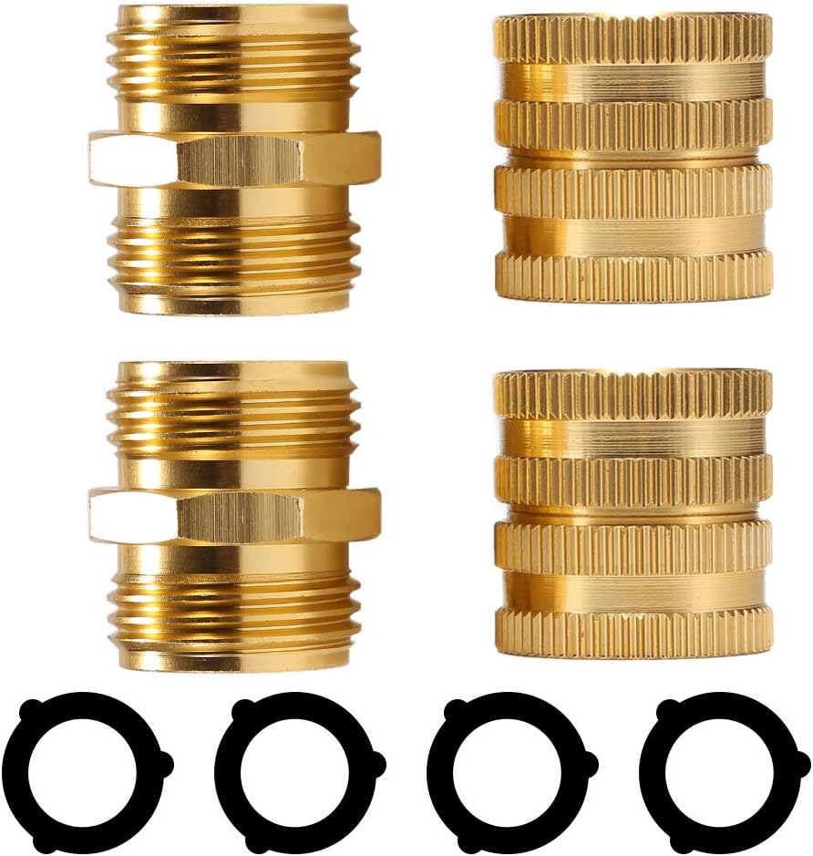 PAKESI Garden Hose Adapter, Male to Male, Female to Female, 3/4’’ Brass Connector, 4-Pack with Extra 4 Washers