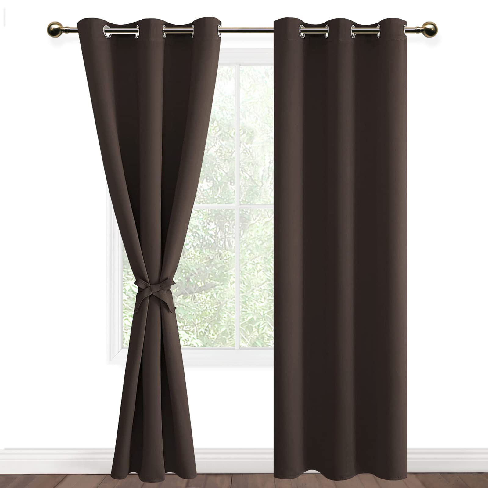 DWCN Brown Blackout Curtains with Tiebacks for Bedroom Thermal Insulated Solid Eyelet Curtains for Living Room,2 Panels,46" Wide x 90" Drop