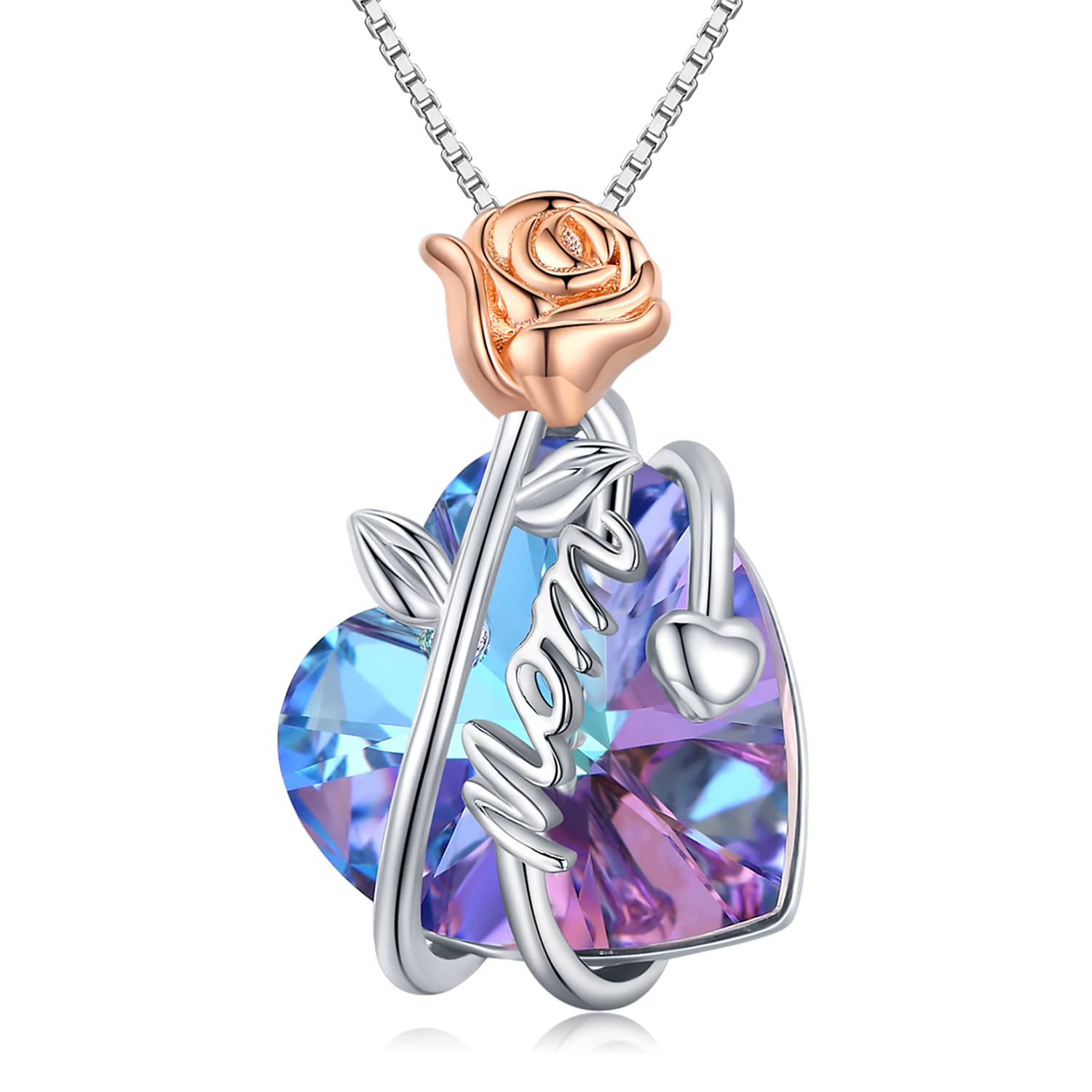 TwoAnts Mother Gifts 925 Sterling Silver Mom Necklace Rose Flower Love Heart Crystal Pendant Jewelry for Mom from Daughter Birthday Mother's Day Gifts For Mum Grandma Nana