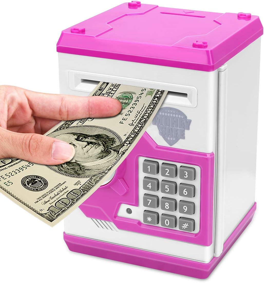 Adsoner Cartoon Piggy Bank, Electronic ATM Password Cash Coin Can Auto Scroll Paper Money Saving Box Gift for Kids (Pink)