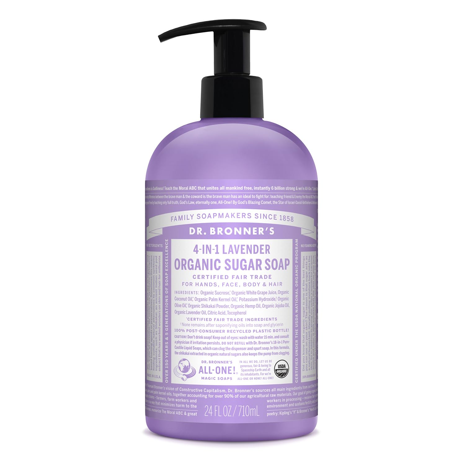 Dr Bronner’s 4-in-1 Organic Lavender Sugar Soap, Made with Organic Oils, Sugar and Shikakai Powder, For Hands, Body, Face & Hair, Fair Trade Certified & Vegan Friendly, 710ml Recycled Pump Bottle