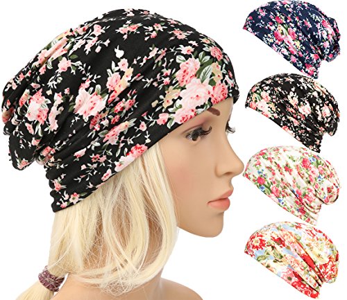 DancMolly Print Flower Head Cap Cancer Hats Beanie Stretch Casual Turbans for Women (Black 2)