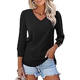 TICTICMISS Women's 3/4 Length Sleeve Tops with Buttons V Neck T Shirts Business Casual Blouses Loose Fit Summer Tunic Clothes