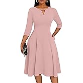 Nmoder Midi Dresses for Women - Fit and Flare 3/4 Sleeve Keyhole Cocktail Church Work Dress with Pockets