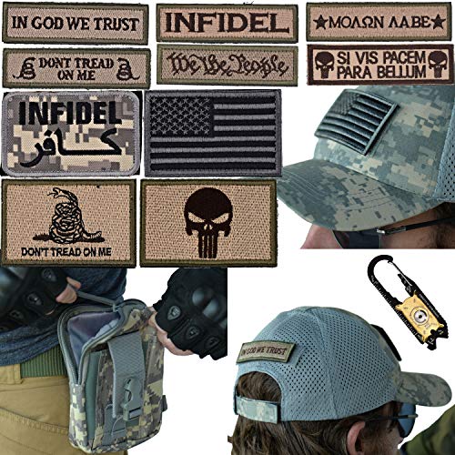 Military Tactical [MESH] Hat Bundle: 20-in-1 Tool, Operator Cap Embroidered Morale Patches (Velcro) Pouch Airsoft/Paintball - [U.S. Army - ACU Digital Camo]