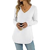 Eachyes Womens Deep V Neck Tunic Tops Fall Long Sleeve Shirts Casual Loose Fit Curved Hem Clothes 2026